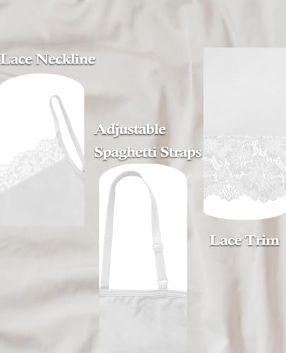 Image of Slip for Women Under Dress Satin Silky Sleepwear Lace Trim V Neck Adjustable Spaghetti Straps Nightgown Cooling Feel