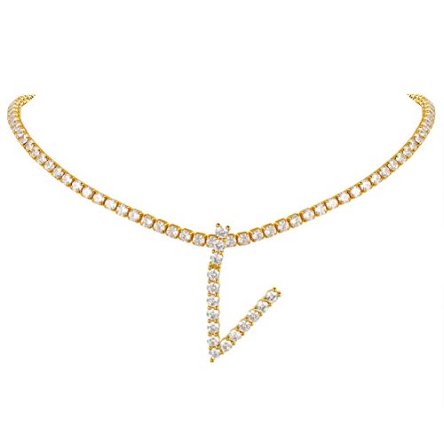 FindChic Bling Fully CZ Tennis Chain Initial Necklace for Women 16'' Butterfly Choker 18K Gold Plated Simulated Diamond Cubic Zirconia Letter Necklace