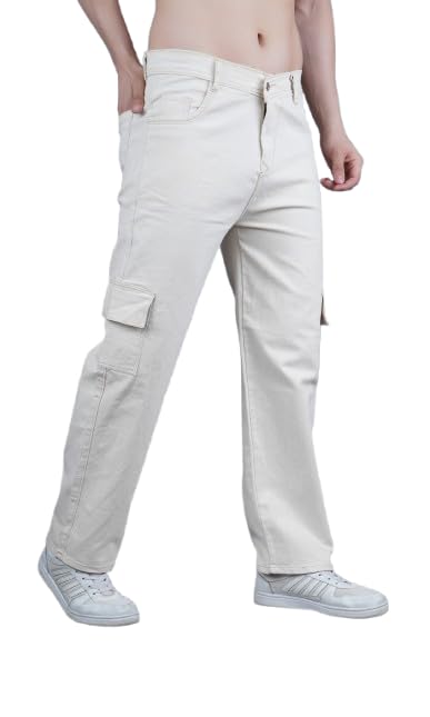 Men's Loose Fit Cargo Jeans, Beige, Baggy Style with Multiple Pockets-image-40