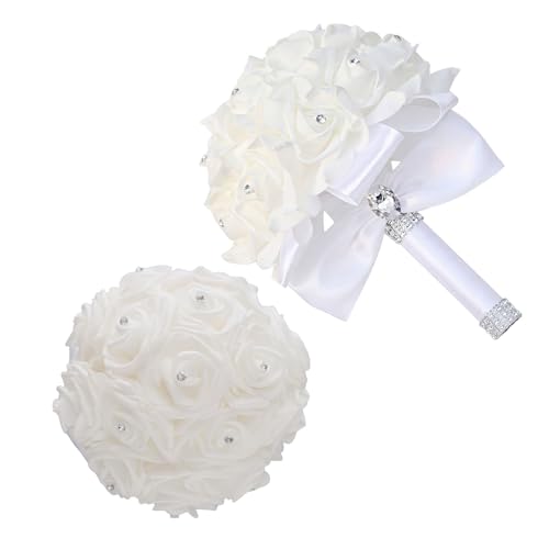 Wedding Bouquets for Bride, Bridal Flowers for Wedding, Bride Bridesmaid Hand Flowers Bridal Bouquet Crystal Diamond Silk Roses, Artificial Flowers Bouquet for Church Wedding Party (White) - Image 5