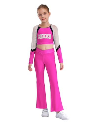 Kids Girls 2 Piece Gymnastic Dance Outfits Sparkly Long Sleeve Color Block Cheer Crop Top And Flared Pants Set Hot Pink 12 Years