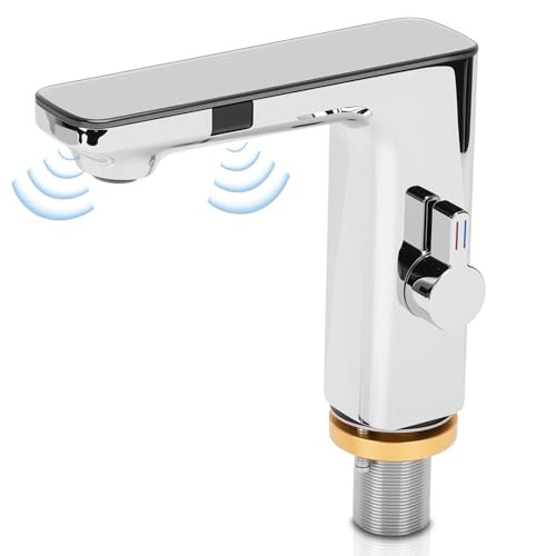 Grifo de lavabo frío y caliente, pantalla de temperatura del agua, sensor infrarrojo, grifo de baño sin contacto, con mangueras de entrada de 1/2, conectores 3/8 de la UE para el hogar y hotel (cromo)