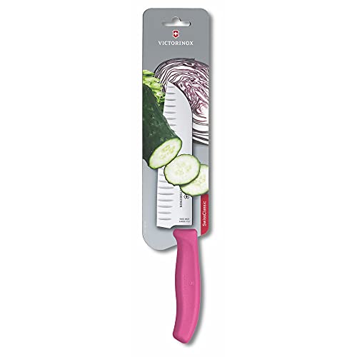 Victorinox Swiss Made Stainless Steel Swiss Classic Santoku Knife, Japanese Style Knife with Fluted Edge, Professional & Household Use, Pink, 17 Cm | 6.8526.17L5B