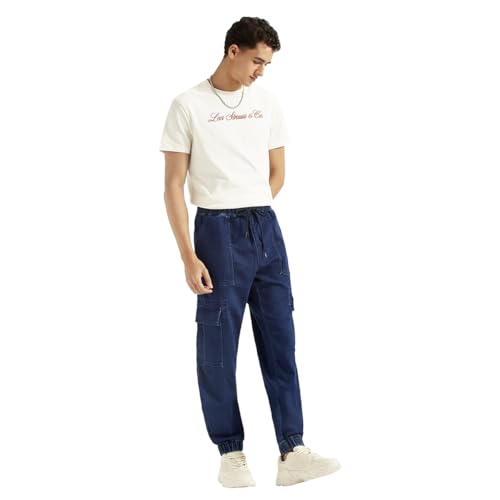 Image of Men's Tapered Dark-Blue Cargo Jogger Jeans