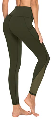 Calça legging feminina para ioga de cintura alta com bolsos laterais, controle de barriga para trein