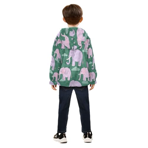 Elephant Pattern on Green Toddler Fleece Jacket Girl Boys Hooded Fleece Jacket Coat Warm Outwear Zip-up 3-10T4