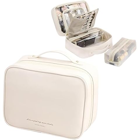 MINGRI Large Capacity Travel Cosmetic Bag for Women,Waterproof PU Leather Toiletry Bag,Makeup Organizer Bag Set with Multi Pockets Compartments & Portable Hanging(White) Cover
