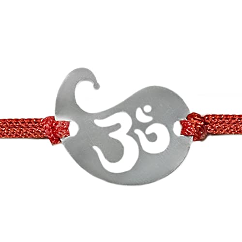 Image of Parnika 925 Silver Rakhi in Cotton Thread Silver Rakhi Bracelet For Brother in Pure 92.5 Sterling Silver for Boys and Men | Chandi ki Rakhi | With Roli Chawal (Om 4)