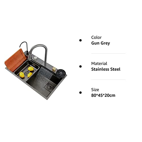 Kitchen Sink Flying Rain Waterfall Sink Household Sink, Dishwasher Basin Single Sink Workstation Kitchen Sink With Pull-Out Tap, Chopping Board, Cup Washer (Color : Gun Grey, Size : 80 * 45 * 20Cm) Za #TOP7