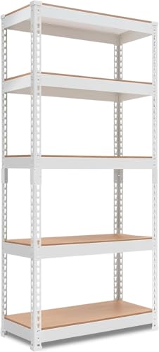 Image of Heavy Duty Metal Rack with Wooden Shelves (Adjustable), 30KG /Shelf, Boltless Storage Organizer, Multipurpose Display Shelves for Kitchen, Garage, Warehouse White-5 Layers
