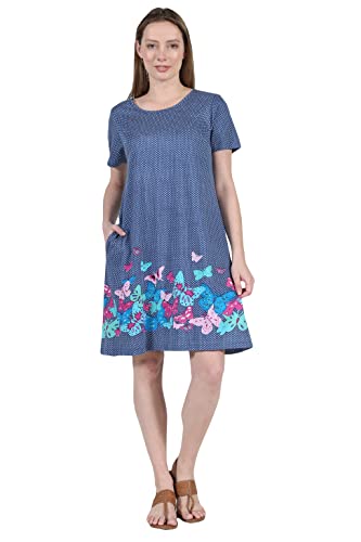 Image of LA CERA Women's Casual Cotton Knit Summer Dress, A-Line Hem, Scoop Neckline, Short Sleeves with Side Pockets Blue