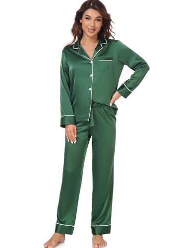 Image of Serenedelicacy Women's Satin Pajama Set Long Sleeve Button Down Sleepwear 2-Piece Silky Pj Set