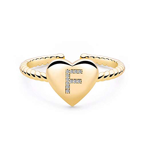 Gold Rings for Teen Girls Women, Gold Plated Heart Capital Letter Initial Rings for Women Teen Girls, Open Cute Initial Ring Alphabet Personalized Finger Rings Best Jewelry for Teen Girls (F)