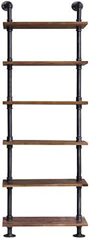 Diwhy 24”Width Industrial Pipe Shelves Rustic Modern Wood Ladder Bookcase with Metal Frame,Pipe Wall Shelf,Wood Storage,Home Decor,Display Shelving,Retro Floating Wood Shelving,6 Layer Bookshelf
