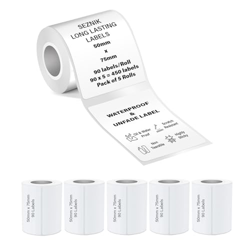 Image of Seznik Waterproof, Non-Tearable, Sticky Thermal Lables, Label Roll, 2 inch Adhesive Thermal Labels for Label Printers (50mmx75mm - 450 Lables)