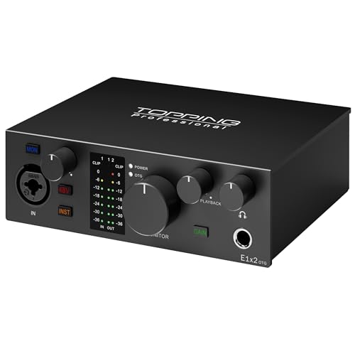 TOPPING Professional E1X2 OTG 1in / 2out オーディオインターフェース オーディオミキサー 配信機材 DTM MIX 音楽制作 歌枠配信/歌ってみた USB Type-C モニター機能/iPhone/iPad/Androidタブレット/PC/マイク/ヘッドホン/ギター接続 楽器対応 ライブ/ストリーミング/ゲーム実況【国内正規品】 (ブラック)