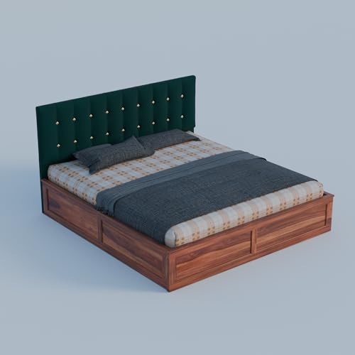 Image of Sheesham Wood Queen Size Bed with Storage Box | Upholstered Beds | Platform Cot with Cushioned Headboard | Double Bed for Home | Recommended Mattress 78x60 Inch | Bottle Green & Honey Finish
