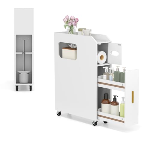 GIANTEX Nischenregal 16 cm breit, schmaler Badezimmerschrank auf Rollen, Beistellschrank mit Schublade, Nischenschrank für Badezimmer & Wäscheraum, platzsparender Rollwagen 50 x 16 x 69 cm (Weiß)
