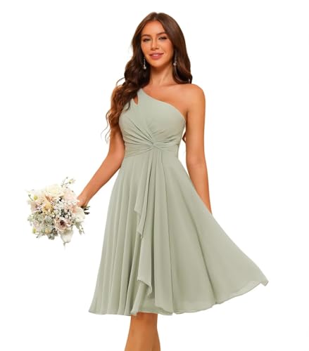 YMSHA Women's One Shoulder Short Bridesmaid Dresses A Line Chiffon Pleated Formal Party Dress YMS4293