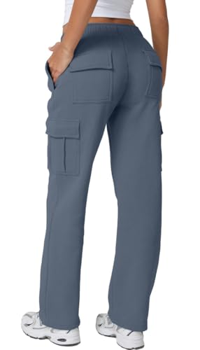Image of QINSEN Baggy Medium Waist Elastic Sweatpants for Womens Casual Long Fleece Cargo Pants with Pockets