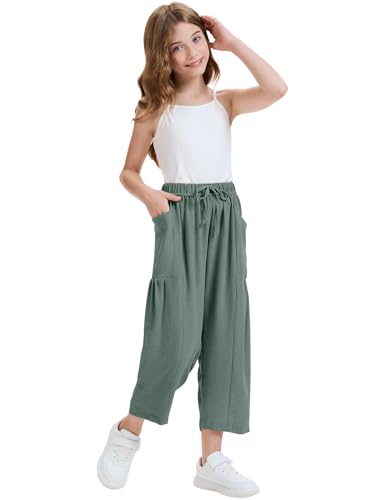 Image of COZYPOIN Girl's Wide Leg Pants Elastic Waist Loose Fit Flowy Casual Beach Palazzo Harem Trousers with Pockets 5-14 Y