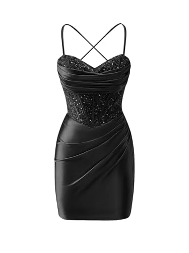 Women's Sequin Satin Homecoming Dress Spaghetti Straps Tight Pleated Corset Formal Gown Mini Cocktail Party Dress