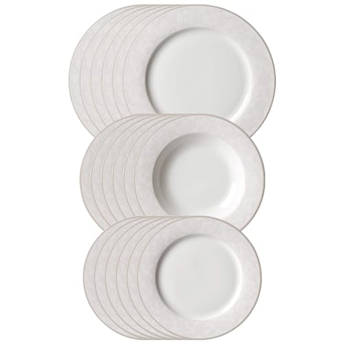 Ritzenhoff & Breker Isabella Teller-Set 18-teilig, Speiseteller (27 cm) Suppenteller (22 cm) und Frühstücksteller (21 cm) für 6 Personen, Forales Dekor, Spülmaschinengeeignet, Porzellan, Beige