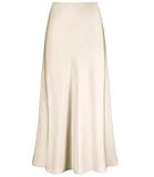Outoshe Women's Satin High Waisted Maxi Skirts Hidden Elasticized Waistband A Line Long Skirt Beige