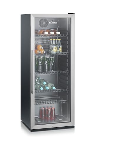 SEVERIN - Frigorífico para bebidas con puerta de cristal, nevera refrigeradora de botellas apta para uso profesional, con luz LED y cerradura, negro, FSK 8841