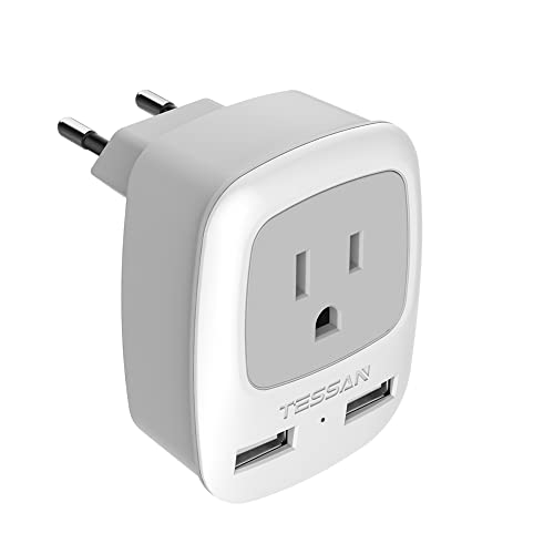 TESSAN European Travel Plug Adapter, Europe Power Adaptor with 2 USB Ports, International Type C Outlet Charger to Most of EU Iceland Spain Italy France Germany (Not a Voltage Converter) Gra