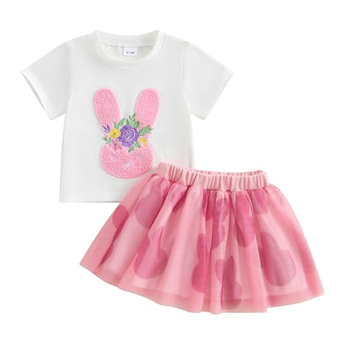 XIXIMAON Toddler Baby Girl Summer Easter Outfit Rainbow Rabbit Embroidery Round Neck Short Sleeve T-Shirt Baby Tulle Skirt 2 Pcs Kid Clothes Set (Pink, 12-18 Months)