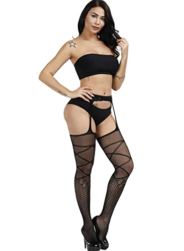 Image of Women's Floral Fishnet Stockings with Attached Garter Belt