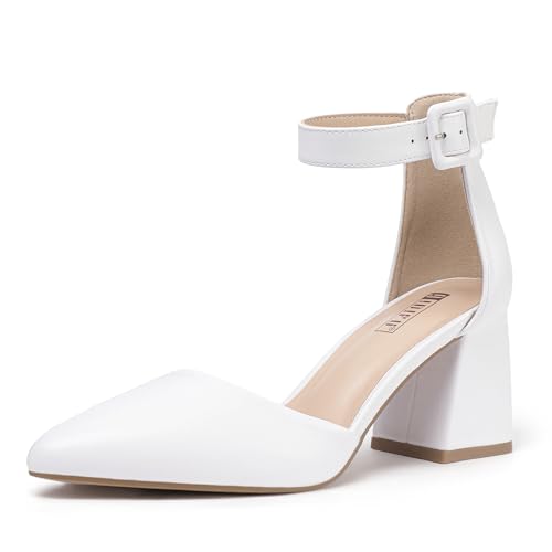 IDIFU White Heels Closed Toe Women's Pumps Chunky Block Low Heels Dress Shoes for Women Wedding Prom Bridal Work Office Formal Shoes Comfortable Pointed Toe Small Short Thick Heels (White Pu, 8)