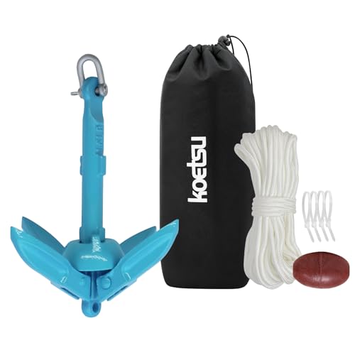 KOETSU カヤック アンカー アンカーキット、0.7 kg、折りたたみ式、完全に引っ掛かり防止、6mm 20m アンカーロープ、収納バッグ、ラッシングストラップ、アンカーボール付き、小型ボート、カヤック、SUP、インフレータブルボート、ジェットスキー、湖釣り、浅瀬釣り、アンカー釣りに最適 青