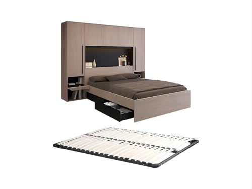 Vente-unique-Lit Pont 140 x 190 cm avec rangements - avec LEDs - Coloris : Naturel et Noir + Sommier - VELONA