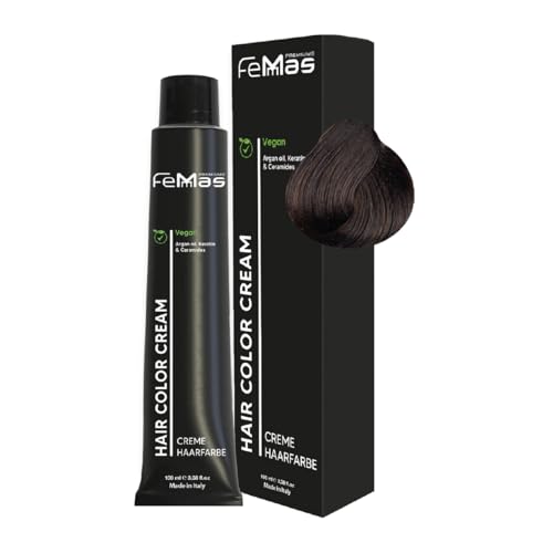 FemMas teinture pour cheveux Châtaigne fraîche 4.91 I Crème colorante professionnelle à l'huile d'argan, kératine et céramides I Coloration permanente ou teinture pour des résultats durables I 100 ml