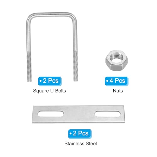Image of PATIKIL M6x45x80mm Square U-Bolts Kit, 2Set 304 Stainless Steel Square U Shaped Bolts Replacement Parts with Frame Plates and Nuts for Ski Board Sailboat Trailer