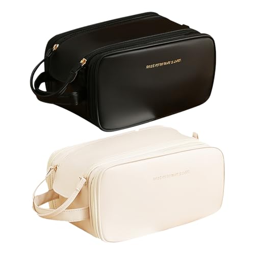 Trousse per cosmetici da donna 4 pezzi grande capacità per trucchi da viaggio con scomparti pelle PU portatile bianco e nero. Capacità sacchetto cosmetico