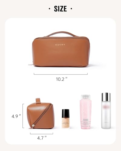 Image of EACHY Travel Makeup Bag, Large Capacity Cosmetic Bag for Women, Waterproof PU Leather, Flat Open Portable Toiletry Bag for Skincare, Brushes & Travel Essentials