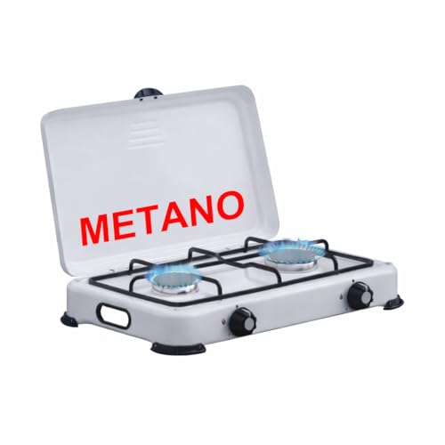 Fornello Fornellino a Gas METANO Da Campeggio 2 Fuochi con Bruciatori in Ghisa Rimovibili - Con maniglie per facilitarne il trasporto 49x30,5xh10cm (BIANCO)