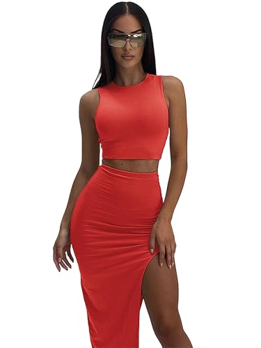 Image of ELLEVEN Sexy 2 Piece Maxi Skirt Sets for Women, Going Out Outfits | High Stretch, Lightweight, Slim Fit, Sleeveless Knit Crop Tank Top, High Slit Skirt Dress Set, Summer Date Night Outfits