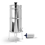 ProOne Traveler+ Stainless-Steel Gravity Water Filter System, 2.25-Gallon Water Capacity, Countertop Water Dispenser for Home, Camping, and Travel w/ (1) 5-inch Filter & Wire Stand