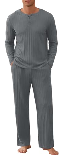 NITAGUT Men's Pajama Set Henley Collar Loungewear Long Sleeved Buttoned Sleepwear 2 Piece Pjs with Pockets