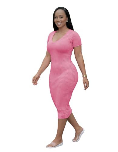 Image of TOPSRANI Women Sexy Midi Dress Bodycon Casual Sleeveless Basic Ruched Tank Summer Club Party Dresses