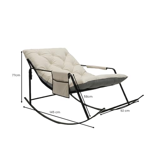 Image of Rocking Chair with High Backrest - Ergonomic Lounge Chair with Plush Cushion, Sturdy Black Metal Frame, Side Storage Pockets, Smooth Rocking Motion, Indoor & Outdoor Use, (Cream - Large)