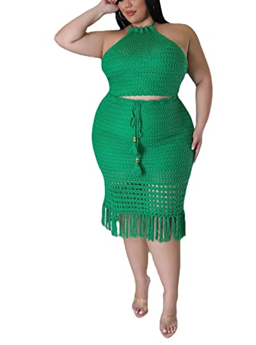 Image of Women Plus Two-Piece Skirt Set Tassel Fishing Net Knittin Hollow Out Off Shoulder Beach Dresses Swimsuit Cover Ups
