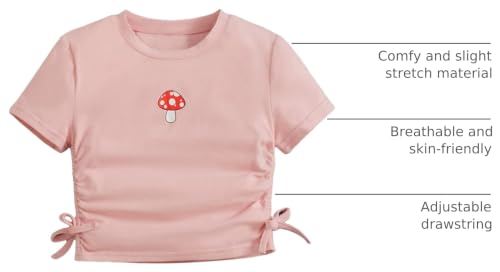 Image of SHENHE Girl's Mushroom Print Short Sleev Crop Tops Ruched Drawstring Tee T Shirts