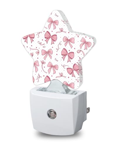 Image of Pink Bow Star Night Light Plug in, Decorative Night Light for Kids Room Nursery Bedroom, Soft Glow Sensor Lamp for Hallway Bathroom, Compact Energy Saving