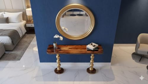 Image of Solid Sheesham Wood Console Table for Living Room | Entryway Hallway Sofa & Fish Tank Table | Designer Gold Finish Turned Legs | Luxury Wooden Accent Furniture | Light Brown Finish