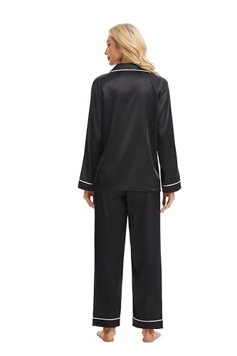 Devirld Women's Classic Long Sleeve Satin Pajamas Set Button Down Silky Sleepwear 2 Piece Lounge Set Pj Set with Notch Collar Black - image 5